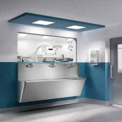 Lave-mains collectif | Lave mains chirurgical Inox 304 poli satiné avec 2 trous de robinetterie DELABIE