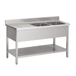 Plonge inox | Plonge inox 2 bacs égouttoir à gauche étagère prof. 600 ou 700 larg. 1400 à 2000 Haut. 850 mm