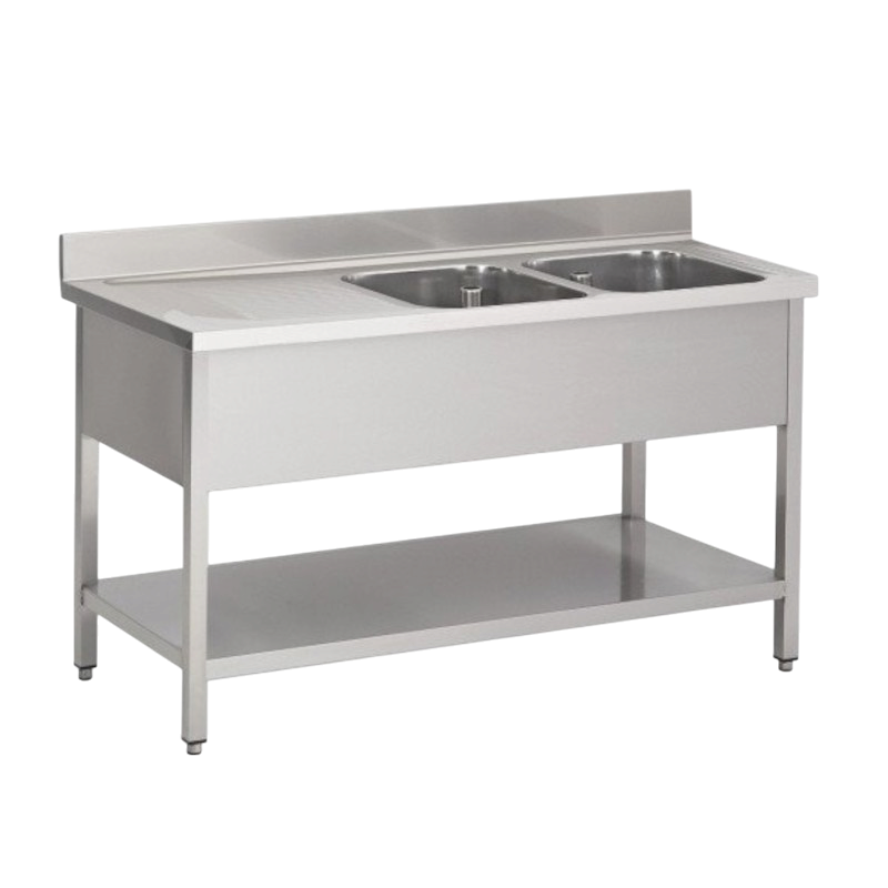 Plonge inox | Plonge inox 2 bacs égouttoir à gauche étagère prof. 600 ou 700 larg. 1400 à 2000 Haut. 850 mm