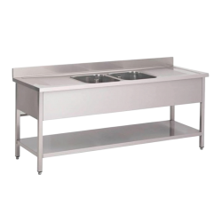Plonge inox | Plonge inox 2 bacs 2 égouttoirs avec étagère Prof. 600 ou 700 larg. 1900 à 2000 Haut. 850 mm
