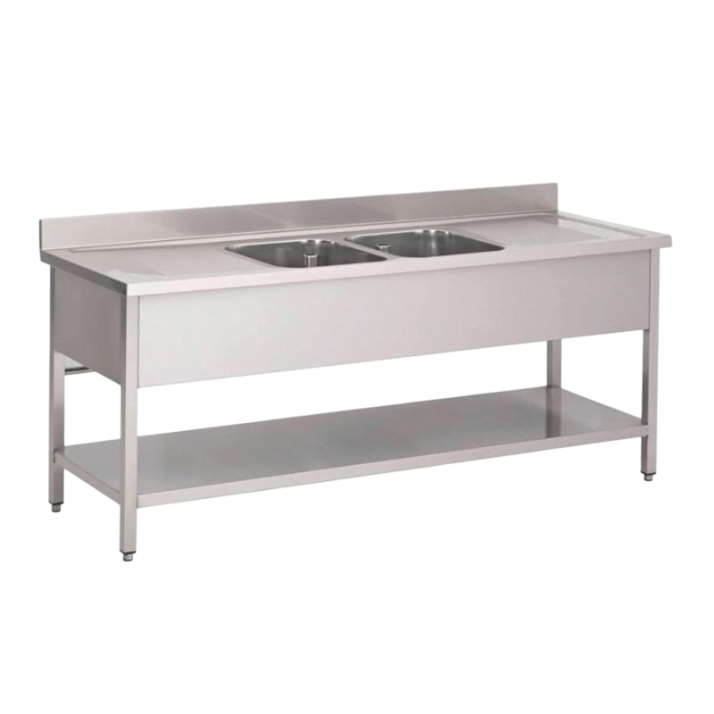 Plonge inox | Plonge inox 2 bacs 2 égouttoirs avec étagère Prof. 600 ou 700 larg. 1900 à 2000 Haut. 850 mm