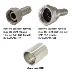 Tuyau flexible alimentaire | Tuyau alimentaire raccordement enrouleur - raccord 1/2"F - 3/4"F - inox 316